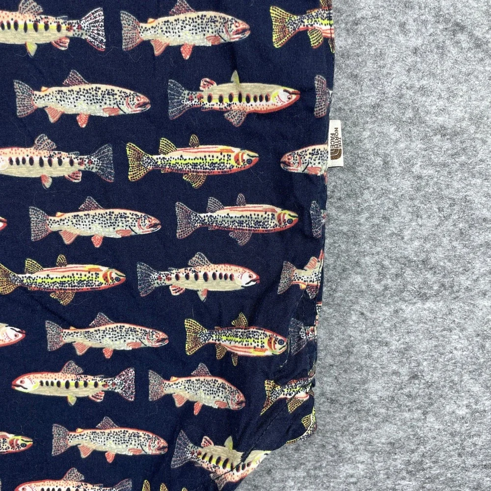 The North Face Shirt Mens L Navy Blue Trout Fish AOP Short Sleeve Button Down